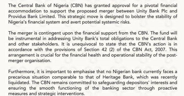 Central Bank of Nigeria Approves Merger of Providus Bank and Unity Bank