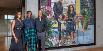 Njideka Akunyili Crosby with Barack and Michelle Obama beside their official portrait